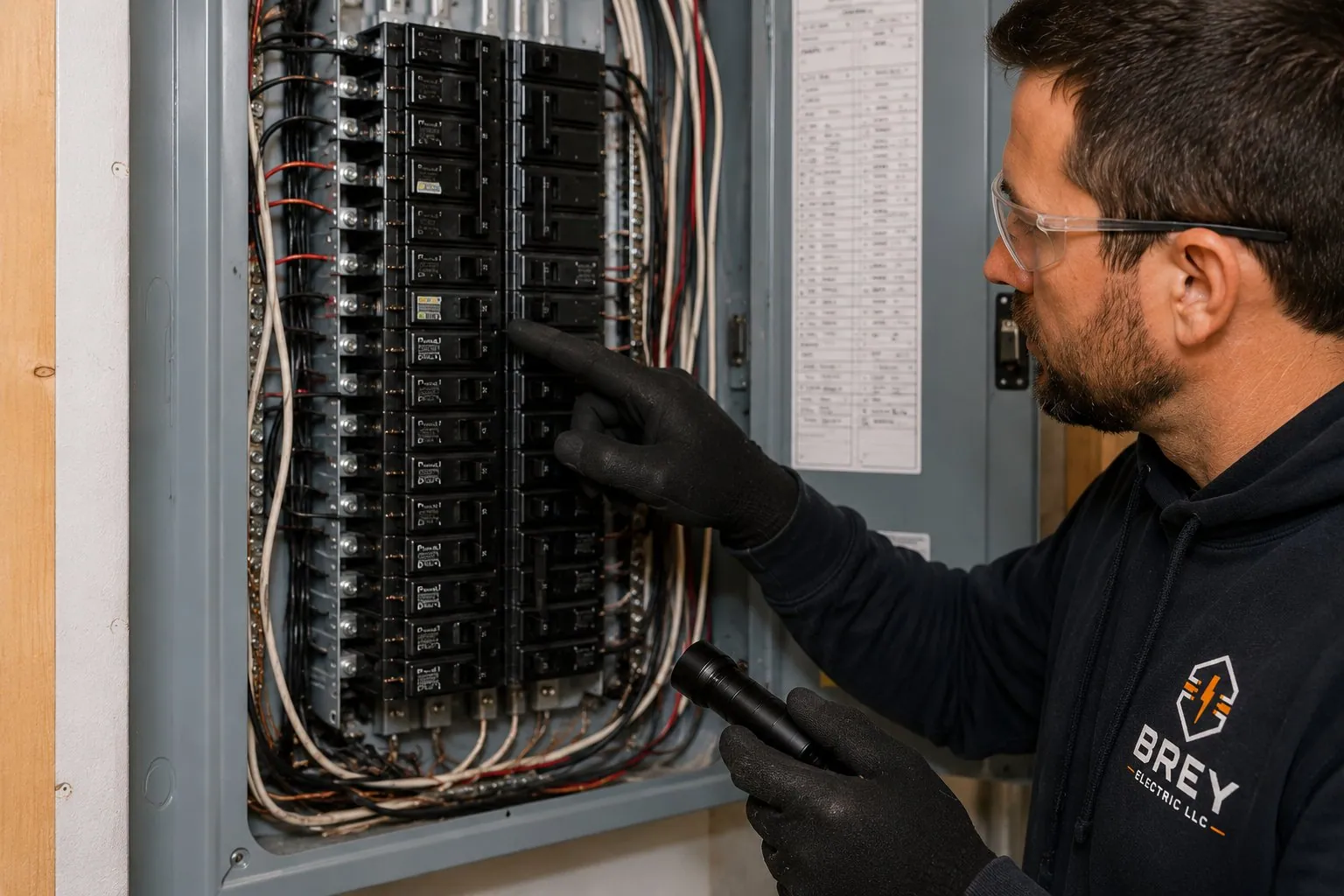 Close up of residential breaker panel with electrician checking breakers