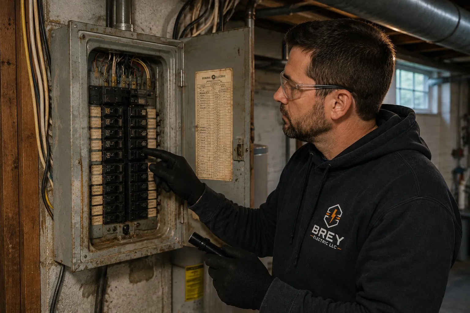 Older residential breaker panel being visually evaluated by an electrician