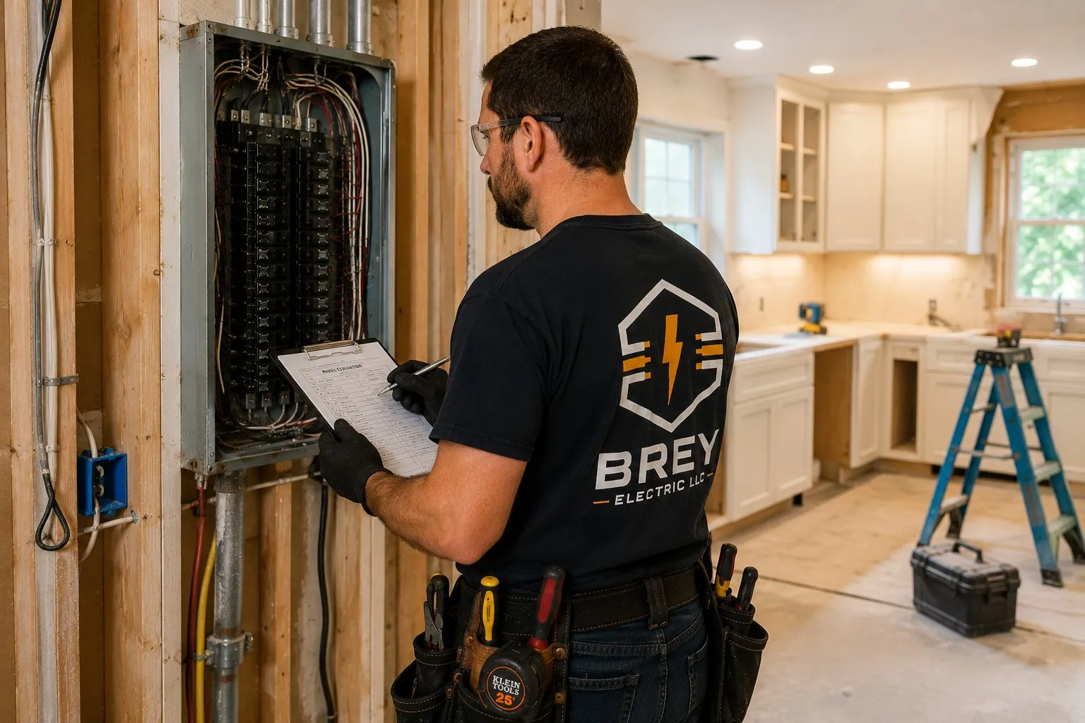 Electrician reviewing panel during residential kitchen renovation