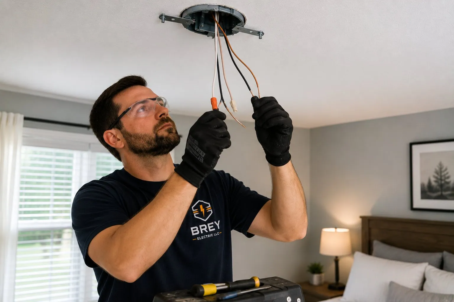 Electrician evaluating wiring at ceiling fan location
